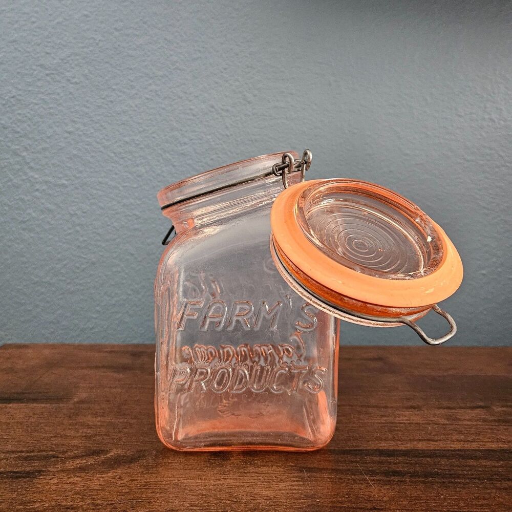 2 Vintage Pink Glass FARM'S PRODUCTS Slant Top Canisters Mason Jars Italy READ - Picture 3 of 6